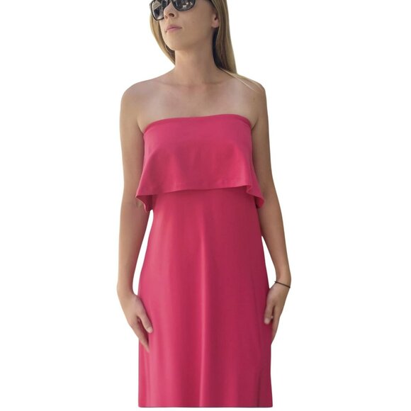 Susan Monaco Hibiscus Red Pink Strapless Ruffle Slit Maxi Dress Small NEW - Picture 3 of 9